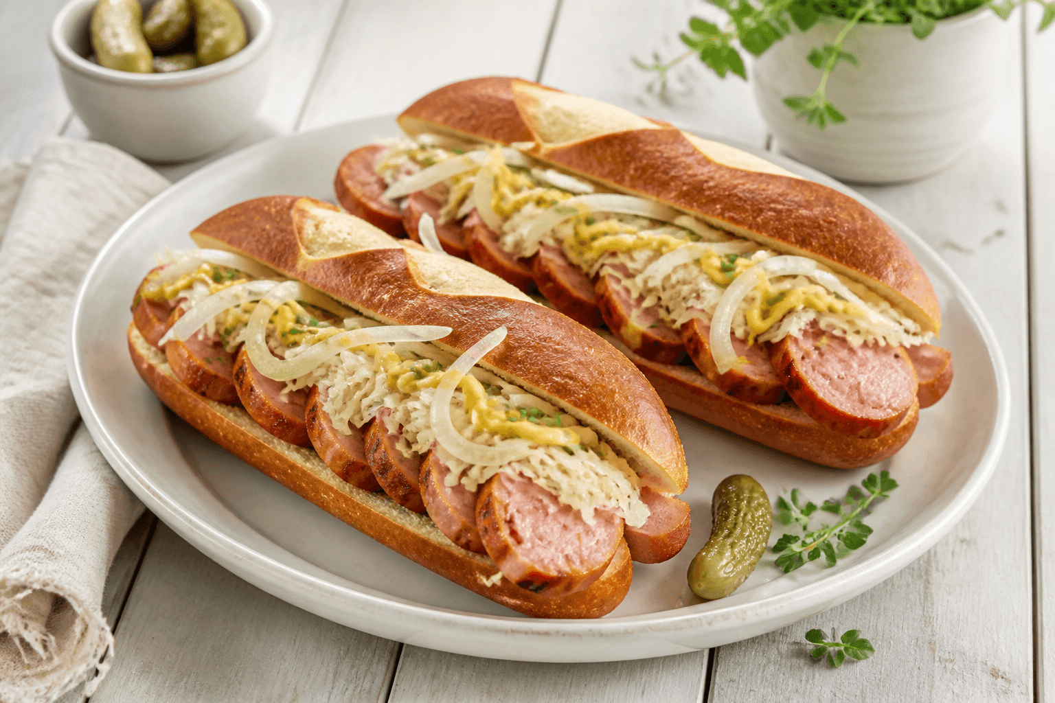 Heller bayerischer Laugen-Hotdog mit Leberkäse, Sauerkraut, süßem Senf und Röstzwiebeln