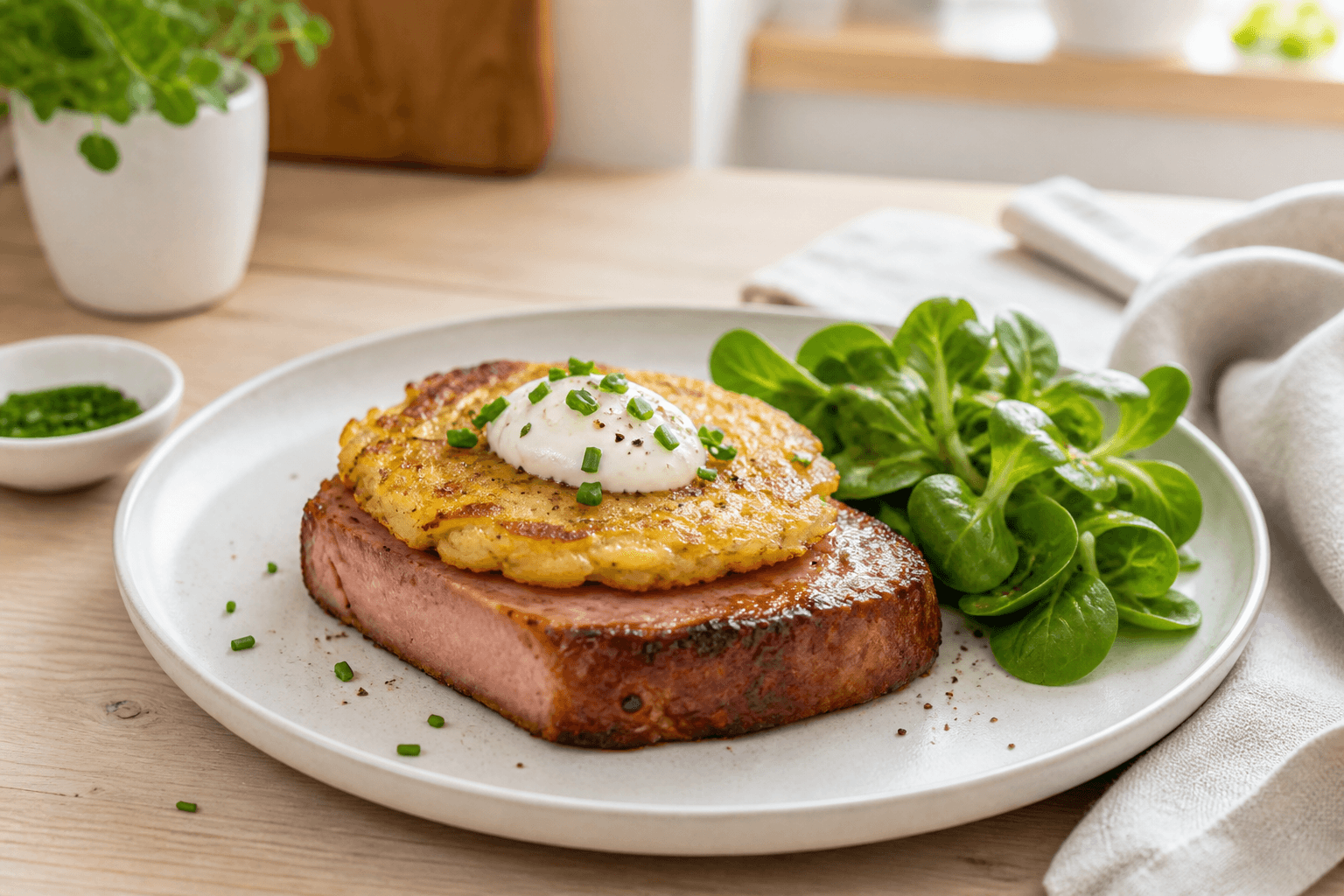 Goldbrauner Kartoffelrösti auf einer Fleischkäse-Scheibe mit Schnittlauchcreme in hellem Foodblog-Stil