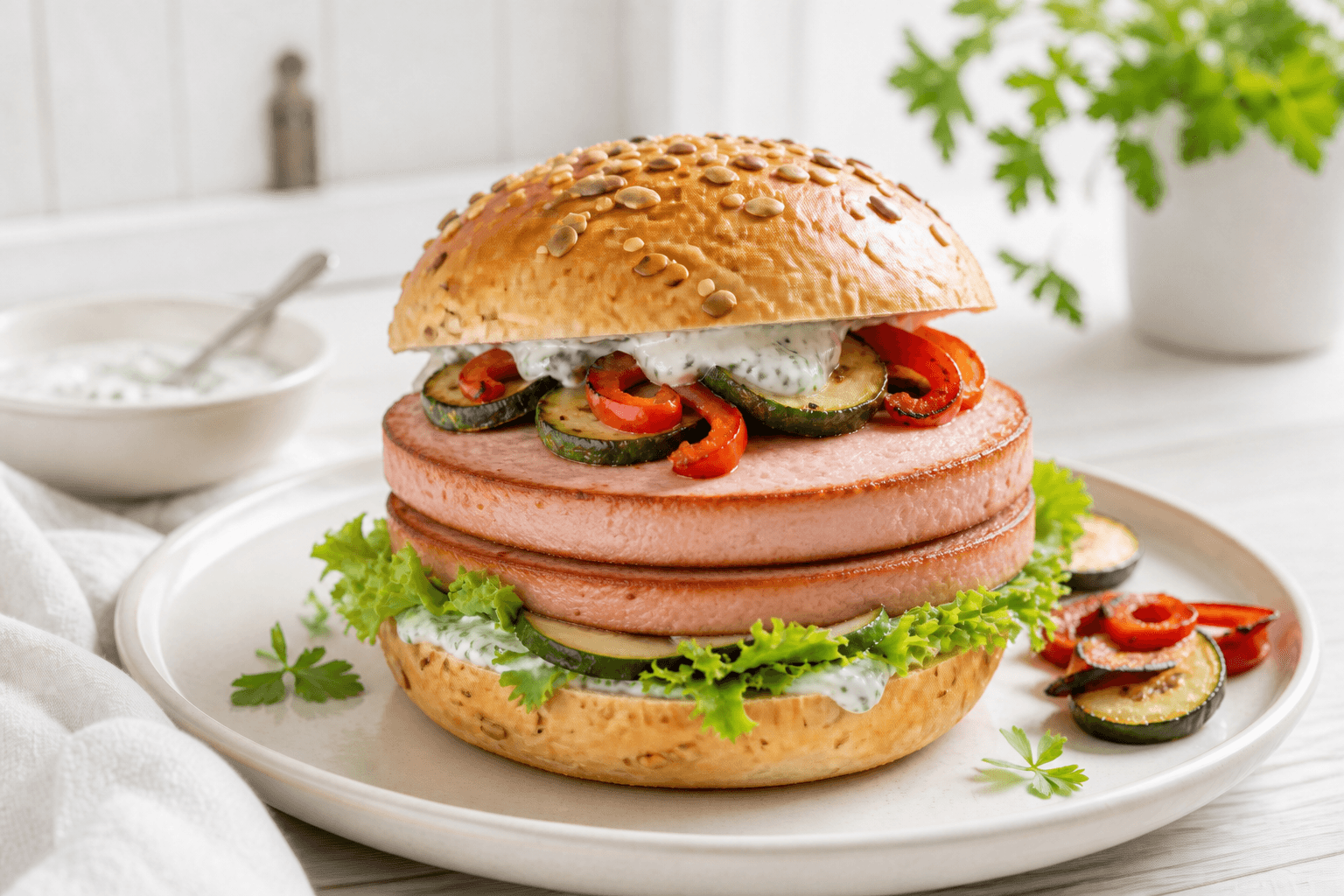 Heller Geflügel-Leberkäse-Burger mit zwei runden Scheiben aus dem Weckglas, gegrillter Zucchini, roter Paprika, Salat und Kräuterjoghurt