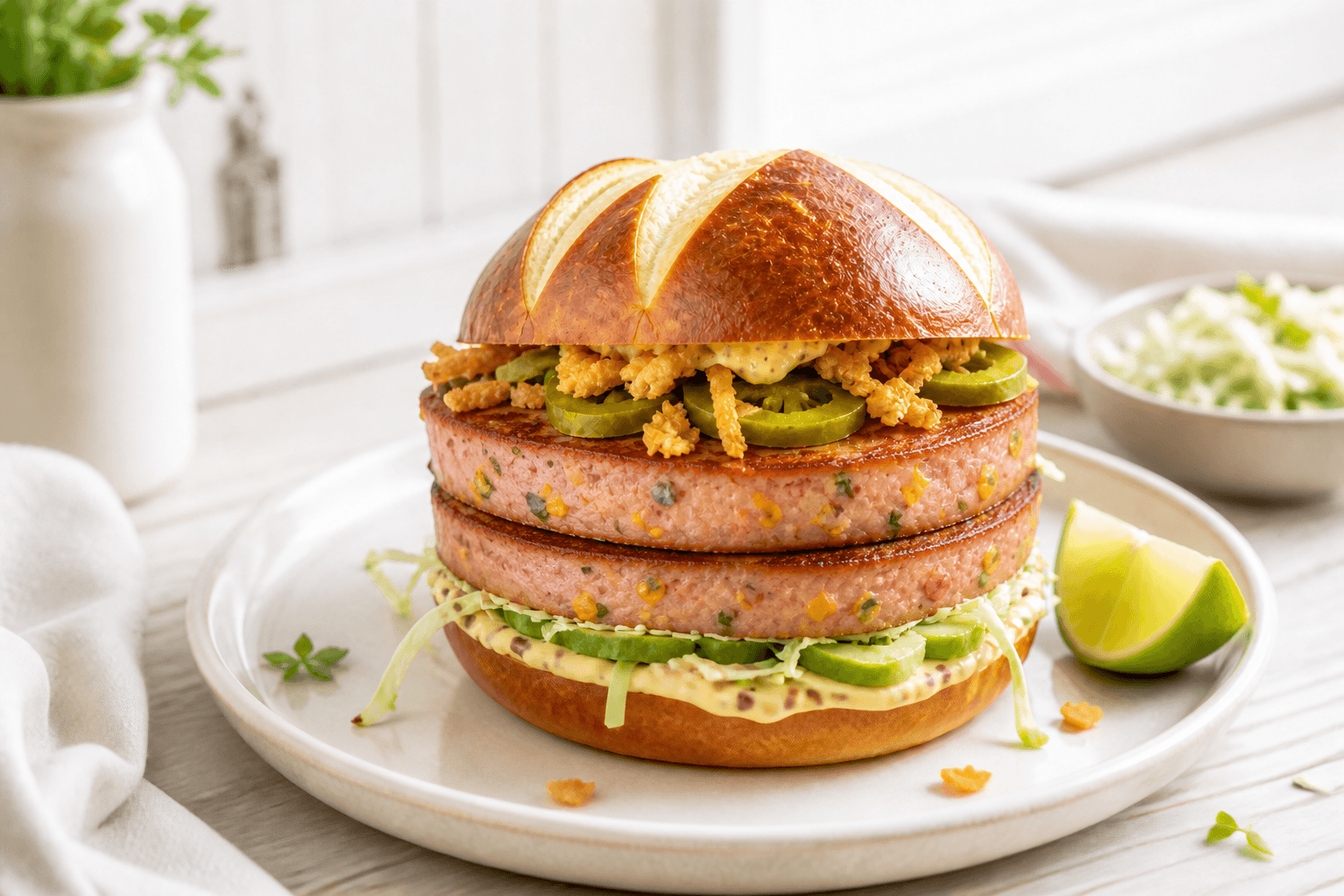 Heller Jalapeño-Cheddar-Leberkäse-Burger mit zwei runden Scheiben aus dem Weckglas, Limetten-Krautsalat, grünen Jalapeños und Röstzwiebeln