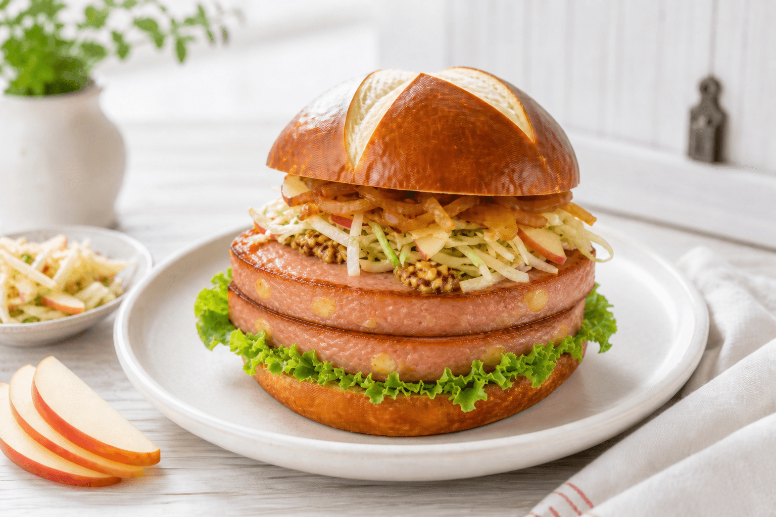 Heller Käse-Leberkäse-Burger mit zwei runden Scheiben aus dem Weckglas, Apfel-Krautsalat, Röstzwiebeln und Salat