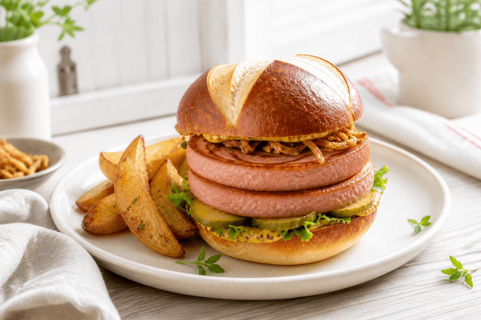 Heller Leberkäse-Burger mit zwei runden Scheiben im Laugenbun