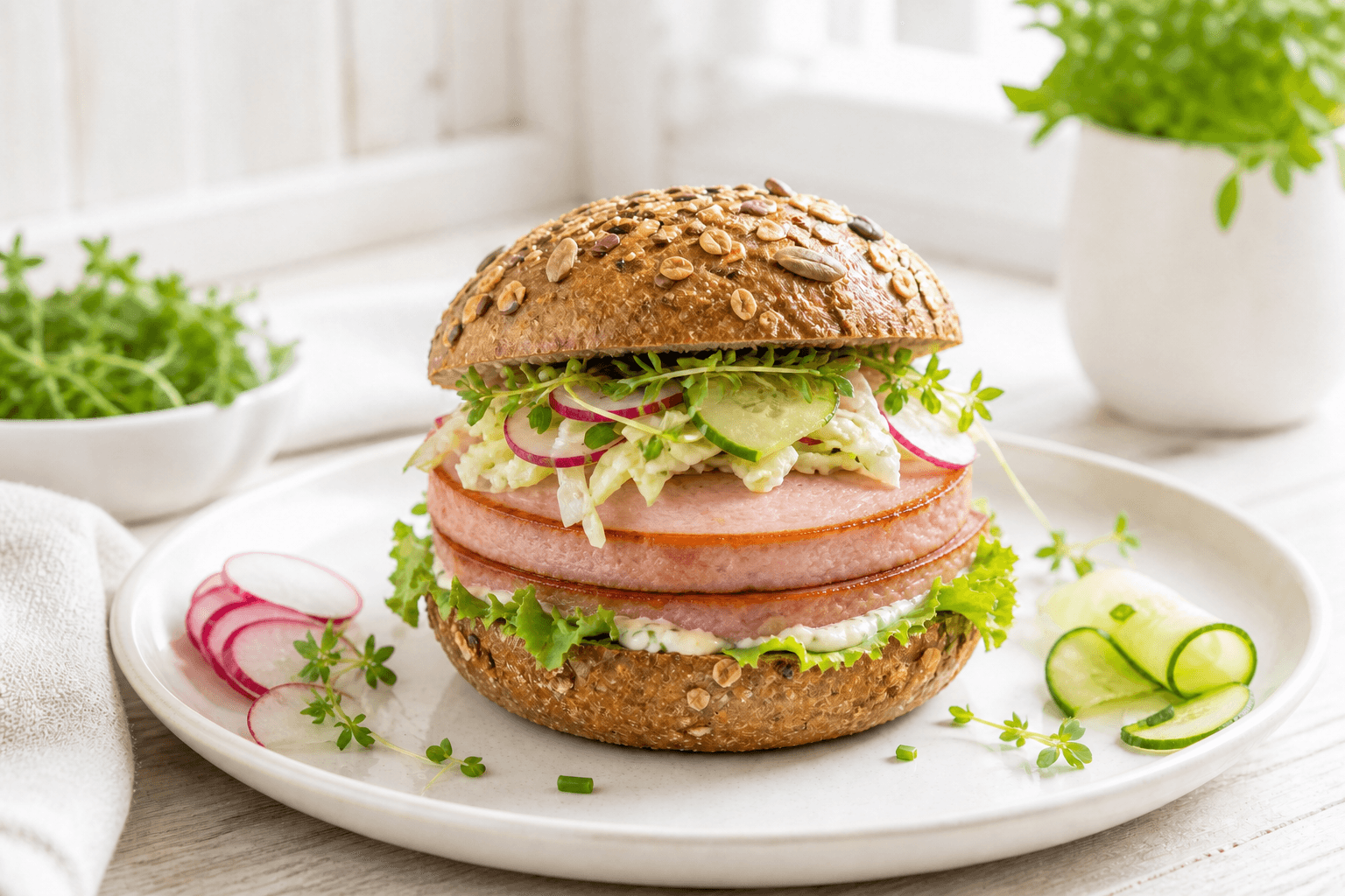 Heller LIGHT-Leberkäse-Burger mit zwei runden Scheiben aus dem Weckglas, Vollkornbun, Radieschen, Gurke, Krautsalat und Sprossen