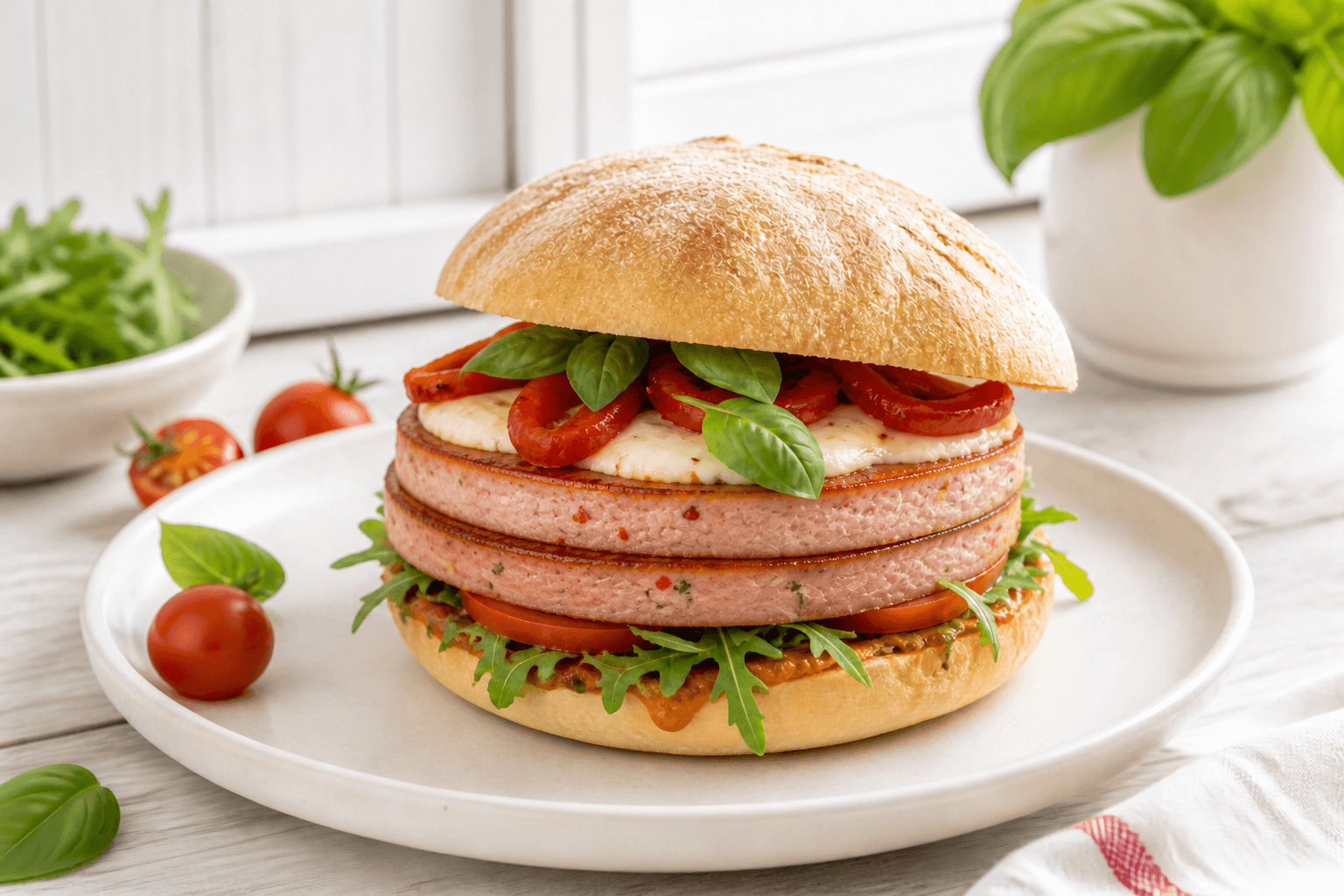 Heller Pizza-Leberkäse-Burger mit zwei runden Scheiben aus dem Weckglas, Tomate, Mozzarella, Paprika, Rucola und Basilikum