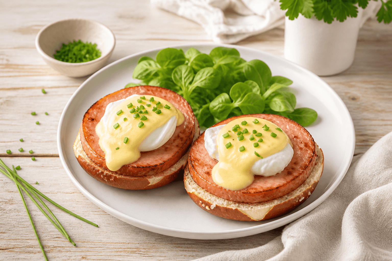 Helle Leberkäse Eggs Benedict mit pochiertem Ei, Sauce Hollandaise und frischen Kräutern