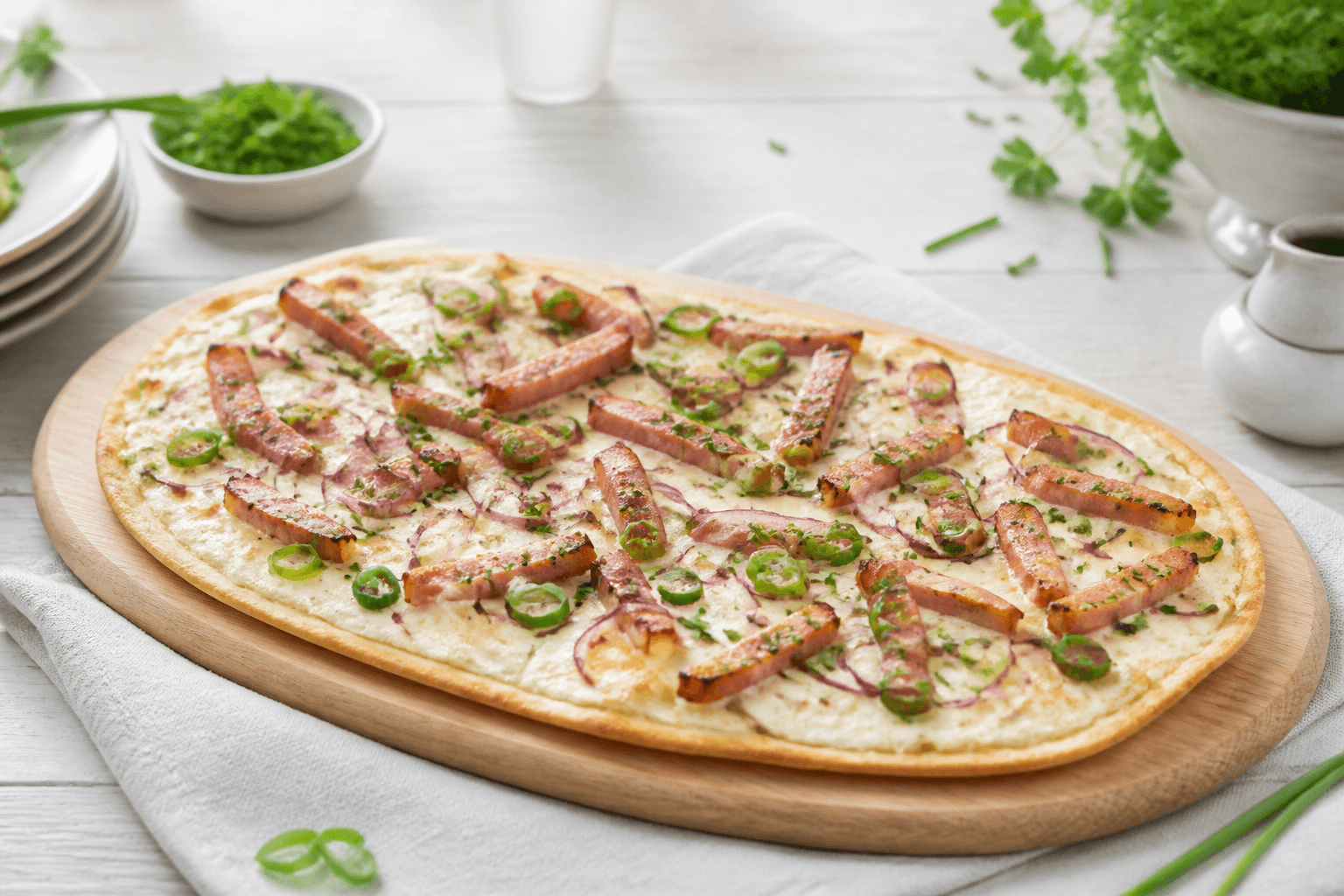 Heller knuspriger Flammkuchen mit Leberkäsewürfeln, roten Zwiebeln, Apfel und frischen Kräutern