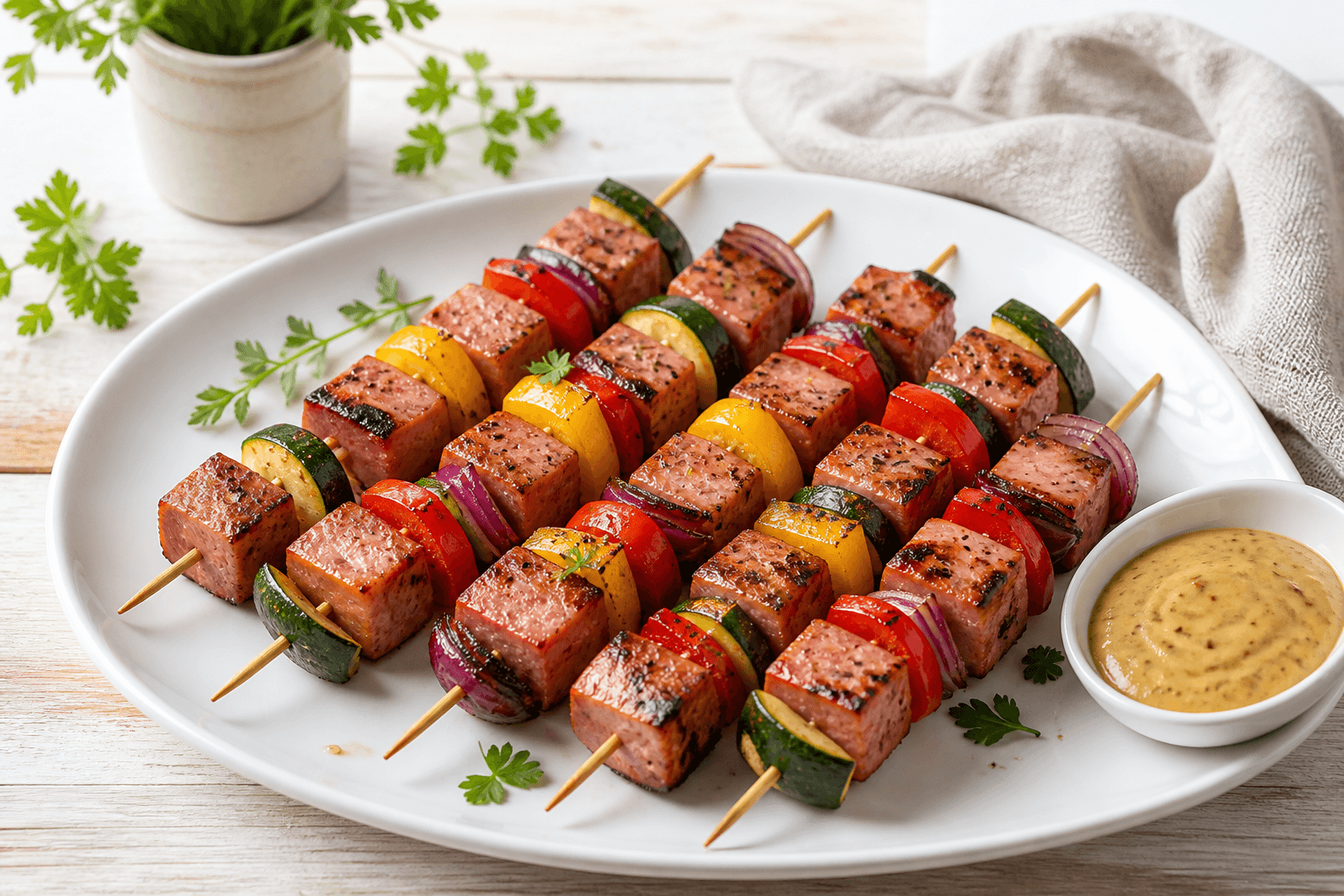 Freundlich helle Leberkäse-Gemüsespieße mit Paprika, Zucchini, Zwiebeln und Kräuterdip