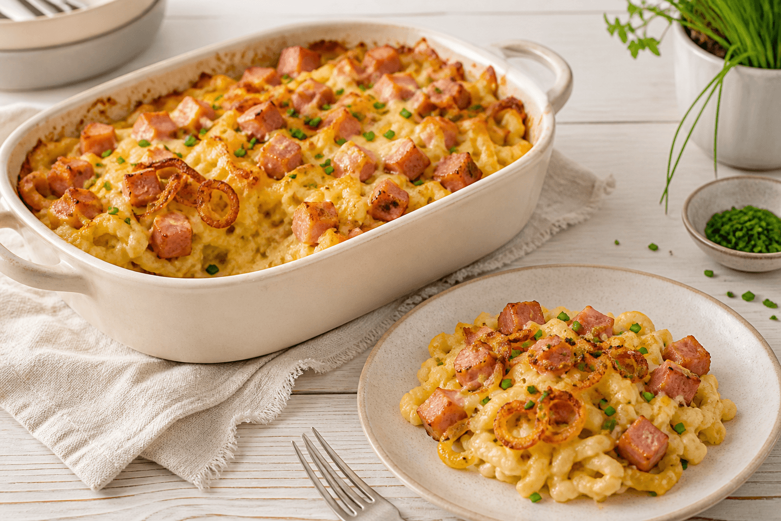 Heller Käsespätzle-Auflauf mit Leberkäsewürfeln, geschmolzenem Käse und Röstzwiebeln
