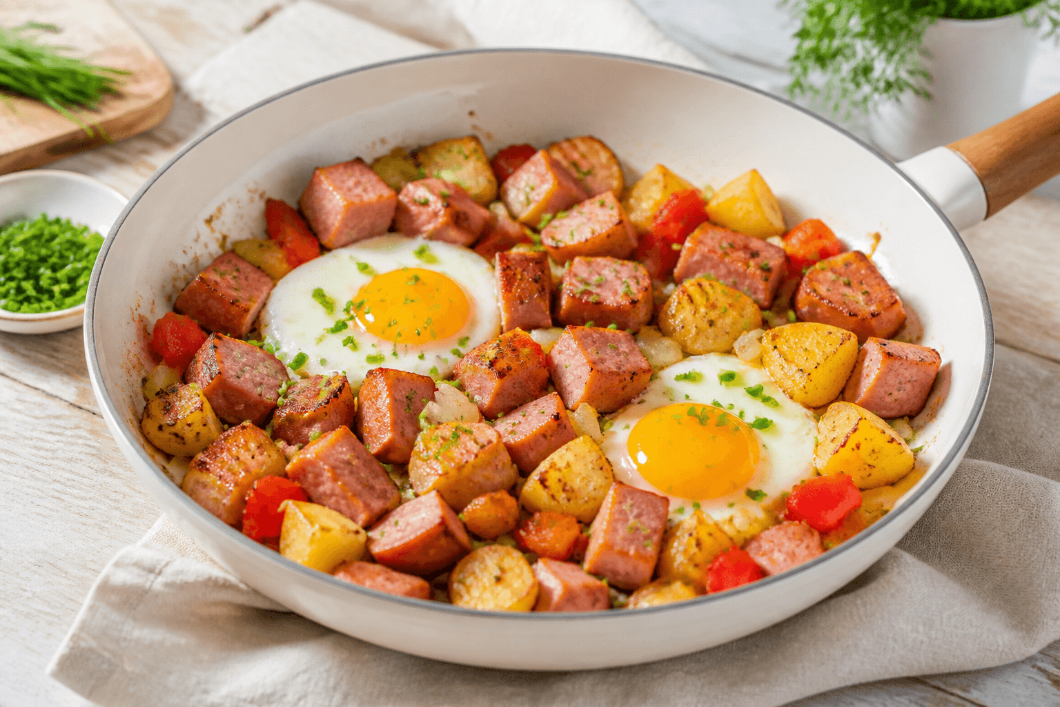 Freundlich helle Leberkäsepfanne mit Kartoffeln, Paprika, Zwiebeln und Spiegelei