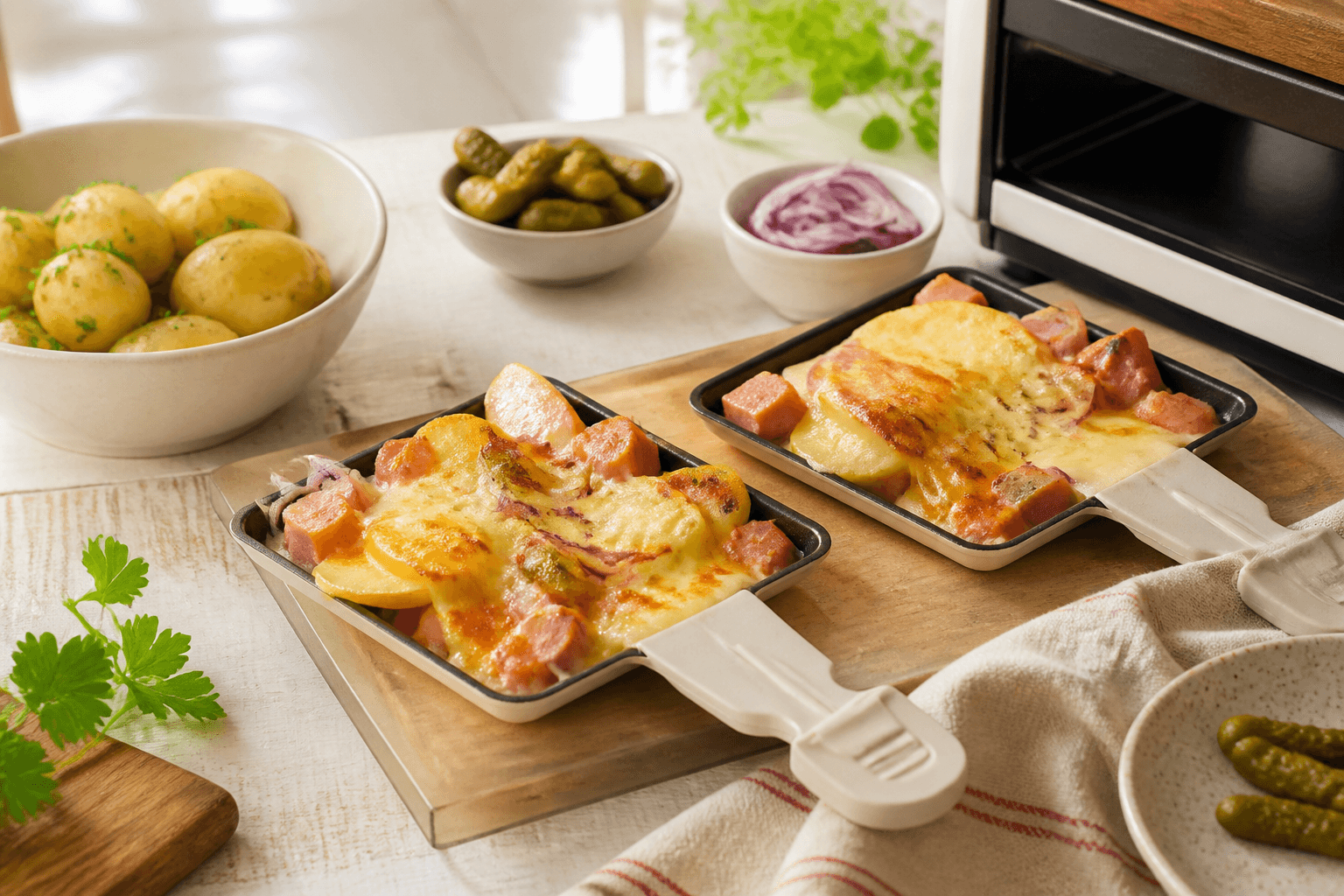 Helles Raclettepfännchen mit Leberkäse, Kartoffeln, Cornichons, Zwiebeln und geschmolzenem Käse