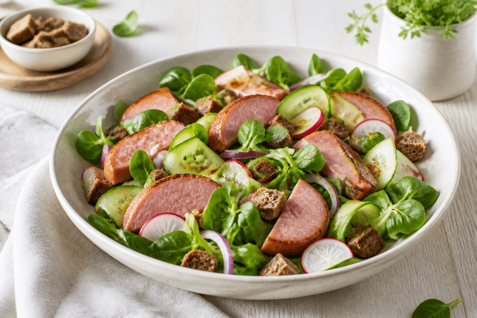 Heller Salat mit Leberkäse-Halbmonden, Radieschen, Gurke, Feldsalat und Roggenbrot