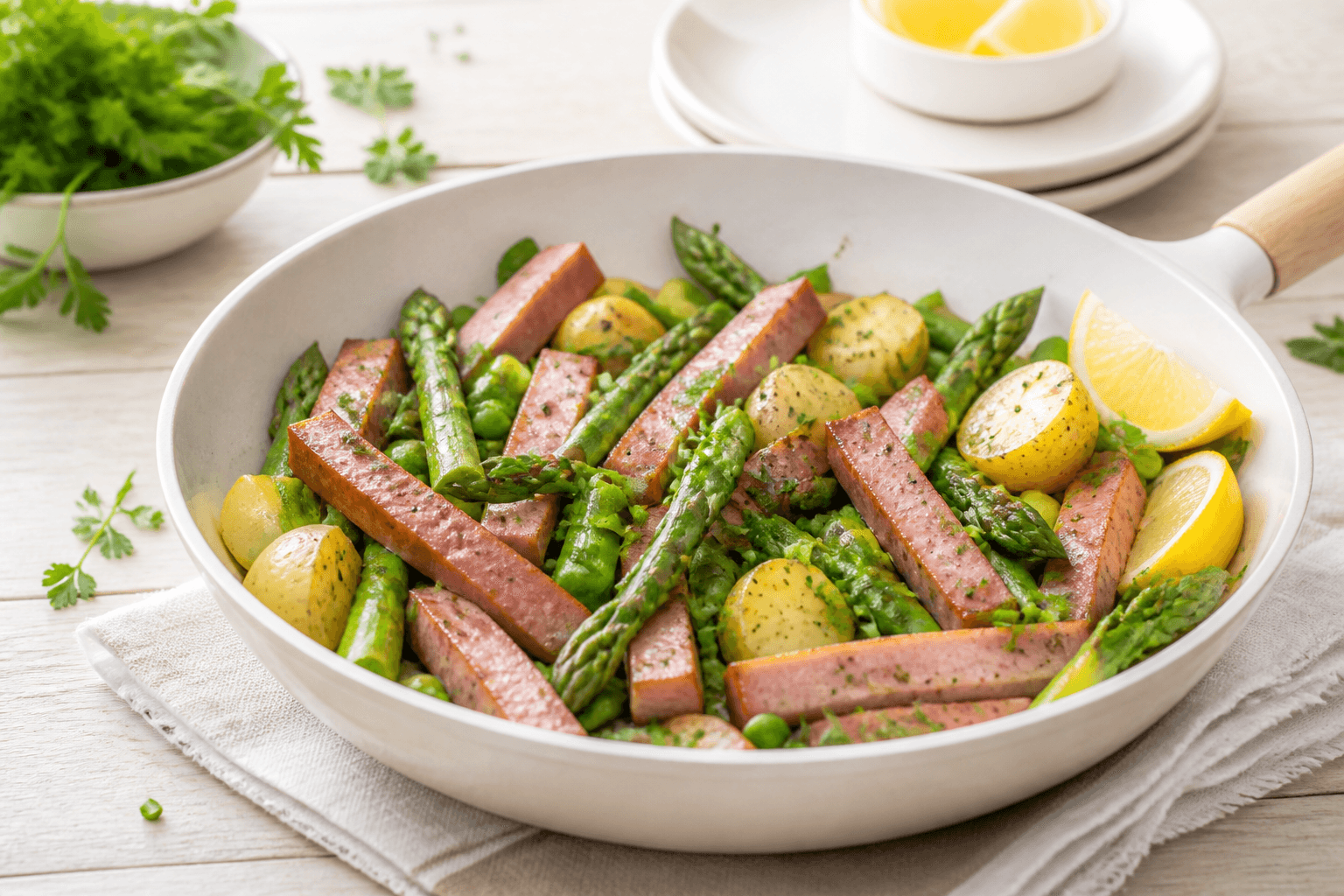 Helle Frühlingspfanne mit grünem Spargel, jungen Kartoffeln, Leberkäse, Zitrone und Kräutern