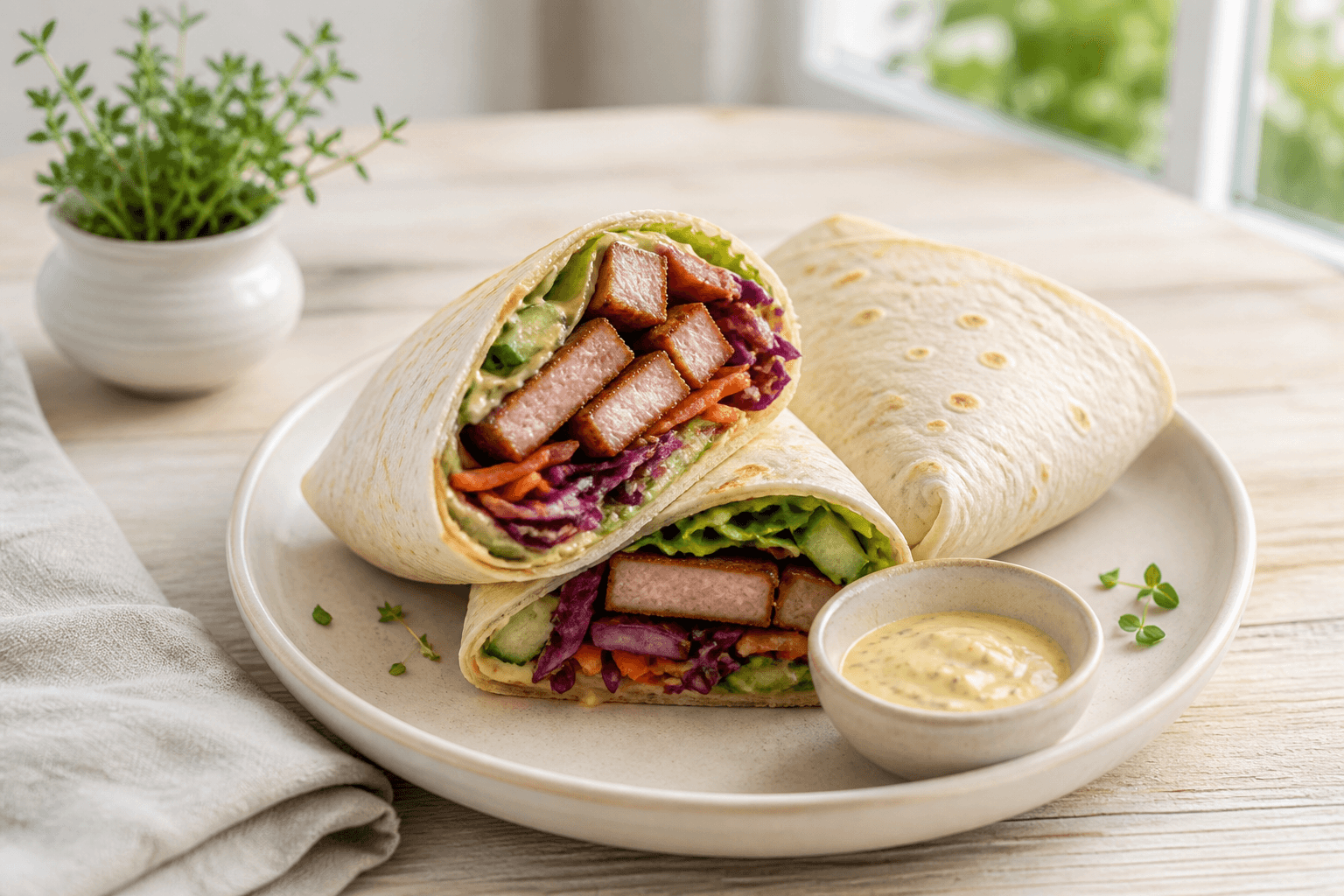 Heller aufgeschnittener Wrap mit Leberkäse, knackigem Kraut, Gurke und Kräutern