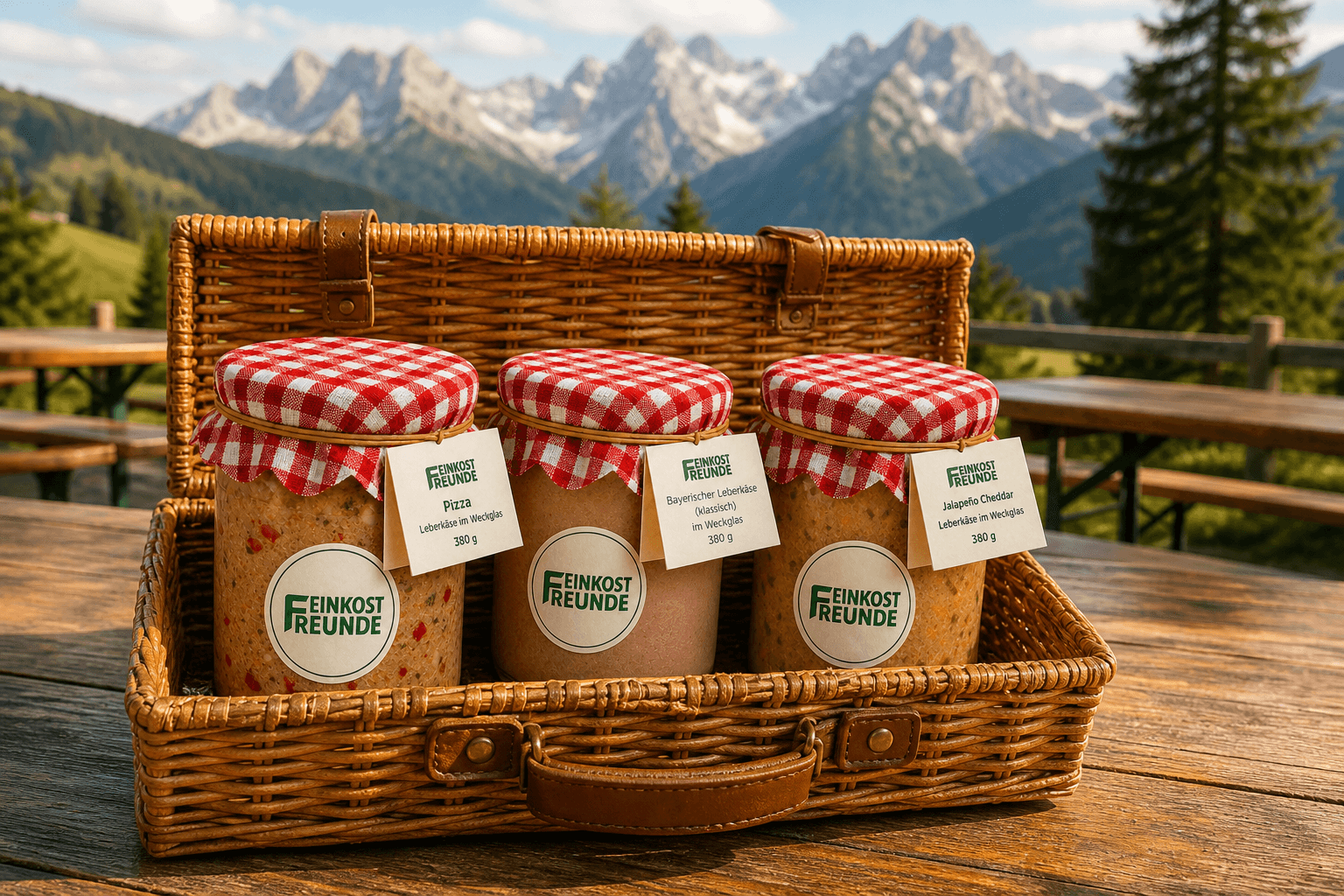 Feinkost-Trio in einem Picknickkorb auf einer bayerischen Bierzeltgarnitur vor Bergkulisse