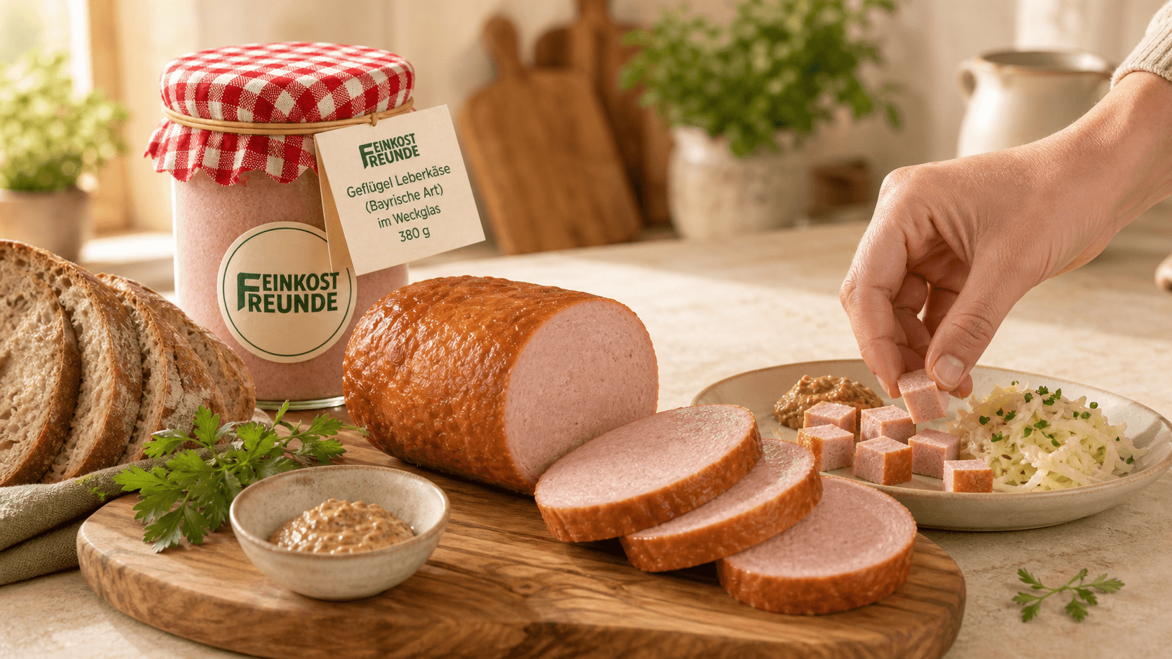 Servieridee für Geflügel Leberkäse (Bayerische Art)