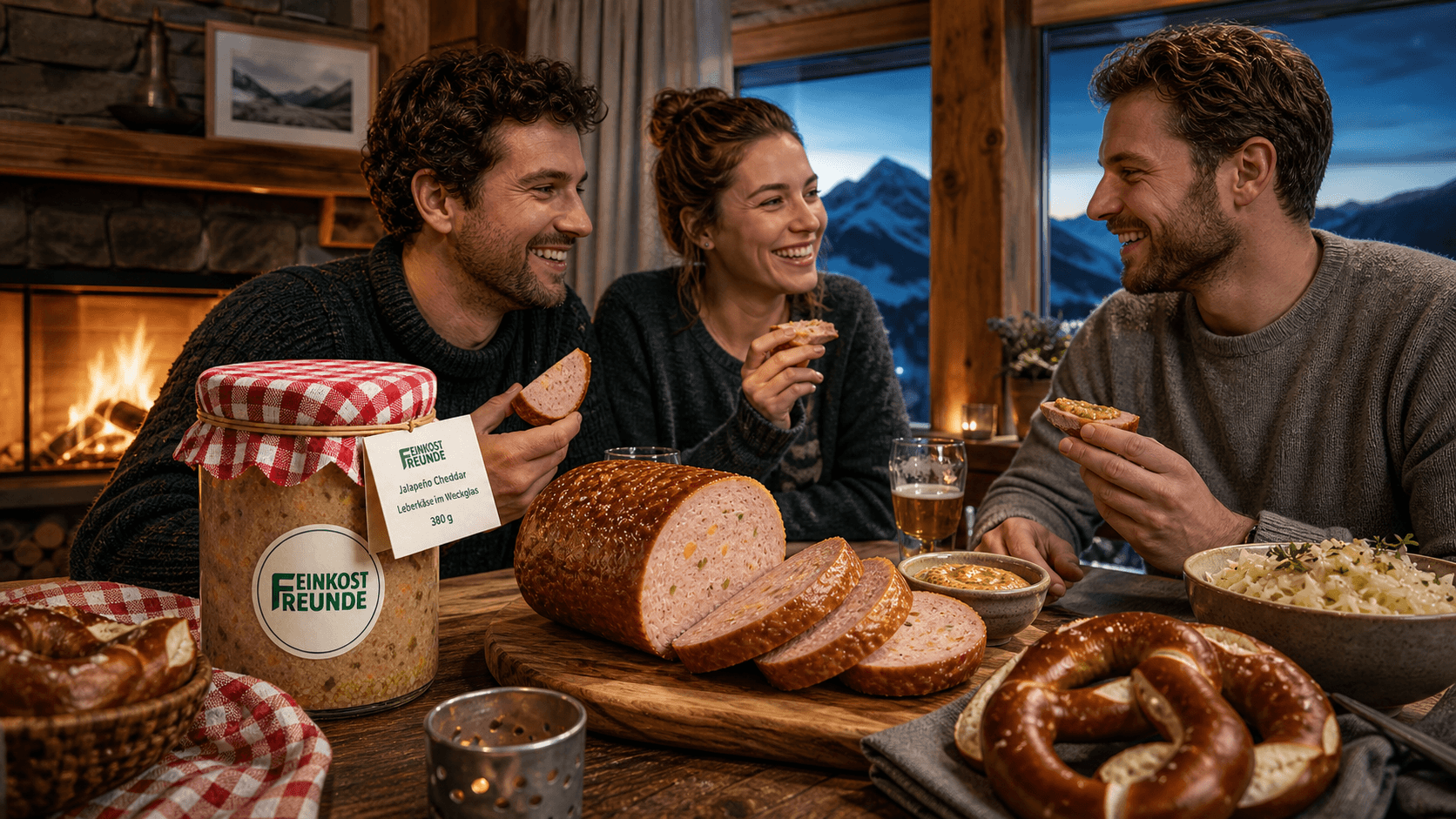 Freunde teilen Jalapeño Cheddar Leberkäse in einer modernen Alpenlodge