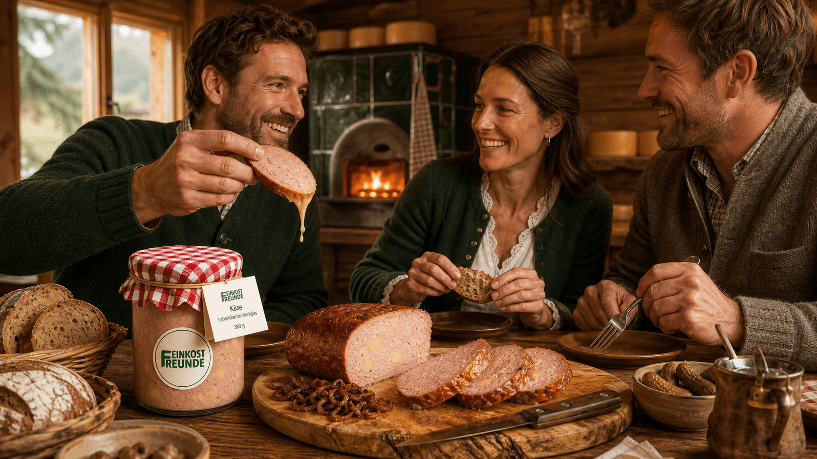 Freunde teilen warmen Käse Leberkäse an einem gemütlichen Hüttenabend