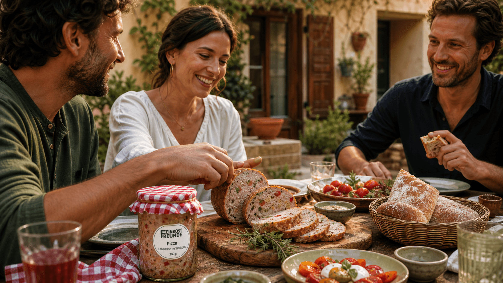 Freunde genießen Pizza Leberkäse an einer mediterranen Tafel